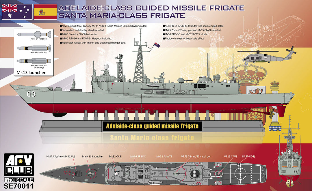 AFV Club 1/700 Adelaide/Santa Maria Class Plastic Model Kit *Aust Decals*