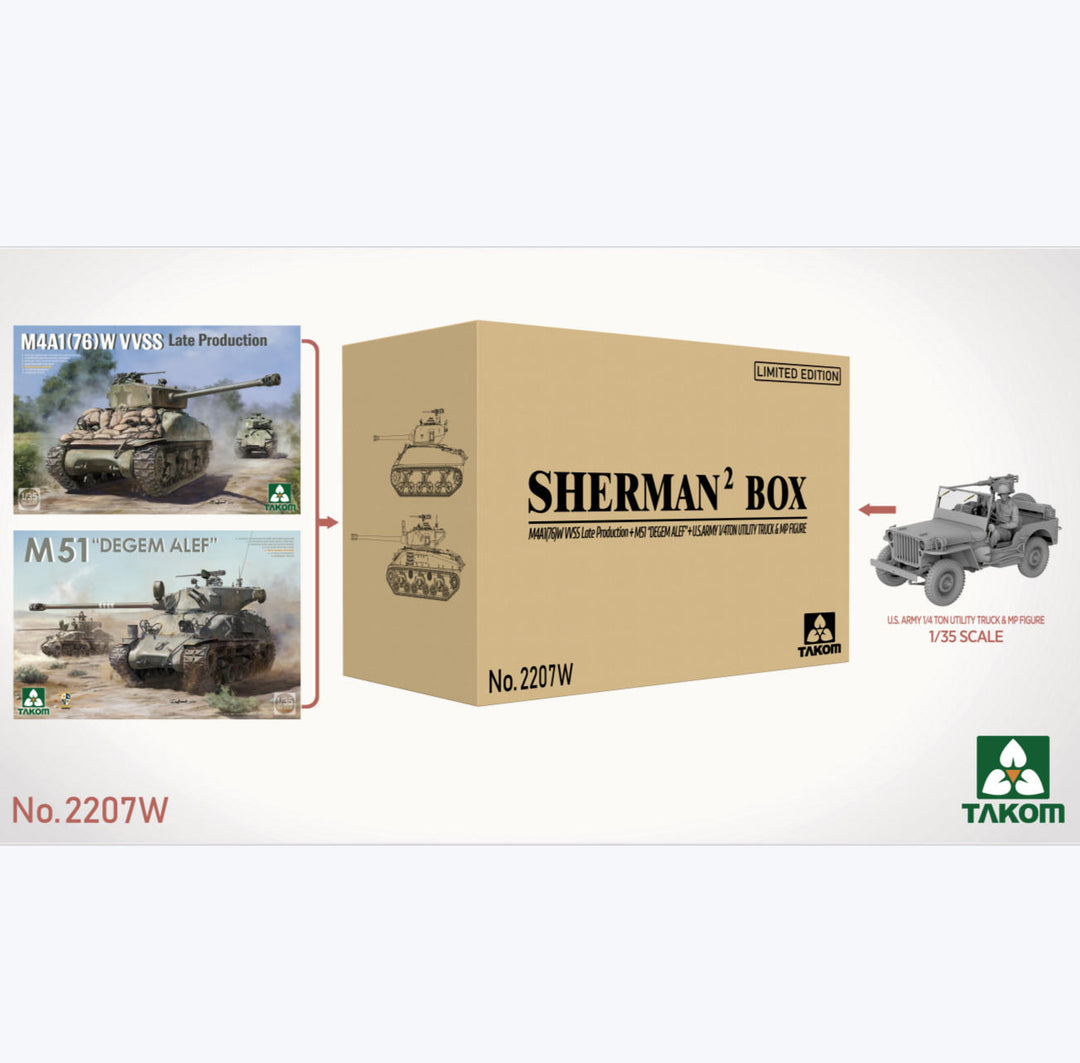 Takom 1/35 Sherman² Box M4A1(76W) Late + M51 "Degem Alef" + 1/4 Utility & Figure